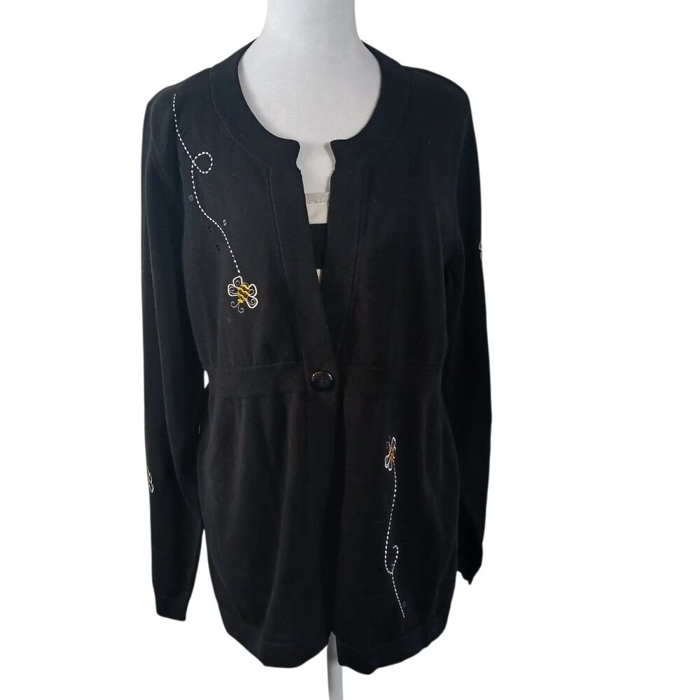 NWT Quacker Factory, Black Cotton Honey Bee Cardigan W/ Attached Tank, Sz Medium